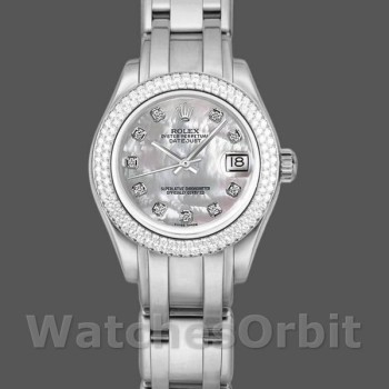 Replica Rolex Pearlmaster 34mm voor dames-81339-Witte MOP met diamanten wijzerplaat Luxe