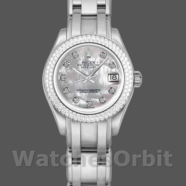Replica Rolex Pearlmaster 34mm voor dames-81339-Witte MOP met diamanten wijzerplaat Luxe