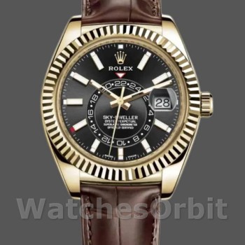 Replica Rolex Sky-Dweller 42mm Heren-326138-Zwarte Wijzerplaat-Geel Goud Zwart<br />