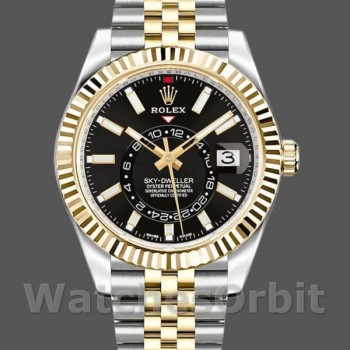 Replica Rolex Sky-Dweller 42mm Heren-326933-Roestvrij Staal & Geelgoud-Zwarte Wijzerplaat Zwart<br />