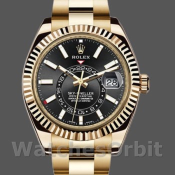 Replica Rolex Sky-Dweller 42mm Heren-326938 Geelgoud-Zwarte Wijzerplaat Zwart