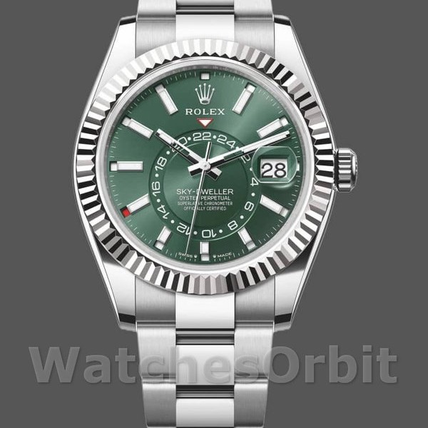 Replica Rolex Sky-Dweller 42mm Heren-336934-Gegolfde lunette-Groene wijzerplaat Groen