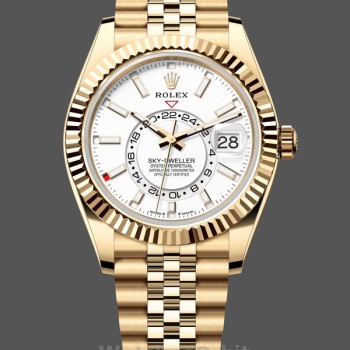 Replica Heren Rolex Sky-Dweller 42-M336938 0006, Geelgoud, GMT, Witte Wijzerplaat, Jubileum Stijl, Heren Wit
