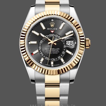 Replica Heren Rolex Sky Dweller 42mm Geel Rolesor Zwarte Wijzerplaat Oyster M336933 0003