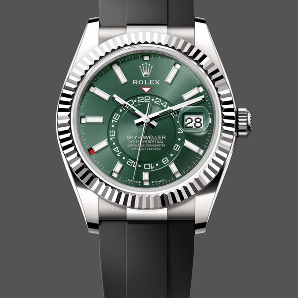 Replica Heren Rolex Sky Dweller 42mm Zwarte Wijzerplaat Rubber Band M336239 0002 Groene Wijzerplaat Heren