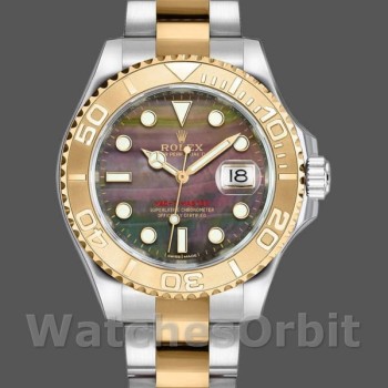 Replica Rolex Yacht-Master 35mm unisex-168623-Staal & Geelgoud-Zwart MOP wijzerplaat Zwart